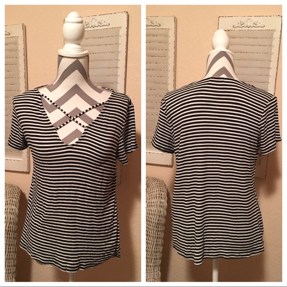 Black and white striped top with Strappy neck